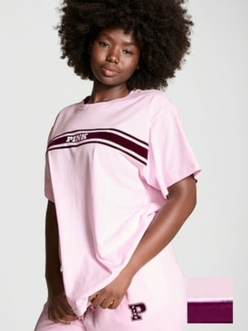 PINK Victoria's Secret Light Pink Tee with Burgundy Stripe